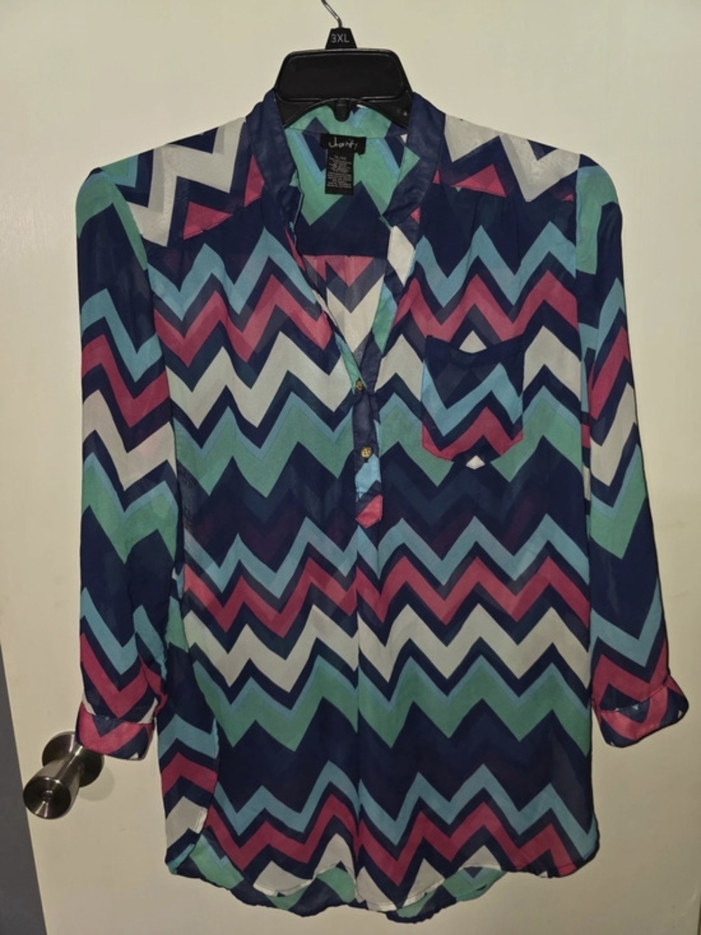 Justify Geometric Polyester Blouse in Blue & Green XL Like New